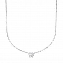 Silver CZ Tennis Choker Necklace With Flower Pendant (+ Ext)