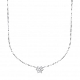Silver CZ Tennis Choker Necklace With Flower Pendant (+ Ext)