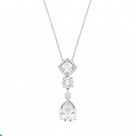 Silver CZ Fancy Cushion, Round & Pear Drop Pendant Necklace