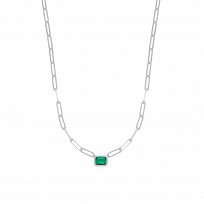 Silver Paper Link Emerald CZ Pendant Necklace