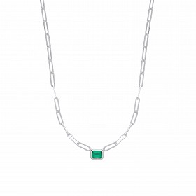 Silver Paper Link Emerald CZ Pendant Necklace