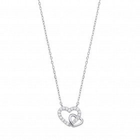 Silver CZ Double Heart Pendant Necklace