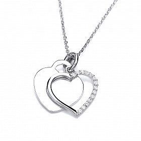 Silver Cubic Zirconia Double Heart Pendant & Chain
