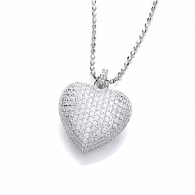 Silver Cubic Zirconia Pave Set Heart Pendant & Chain