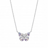 Silver CZ Multi-Color Butterfly Pendant Necklace