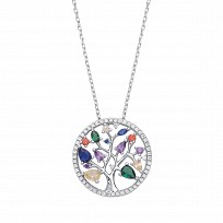 Silver CZ Multi-Color Tree Of Life Pendant Necklace