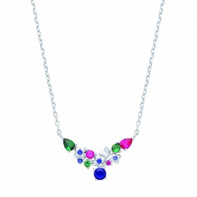 Silver CZ Multi-Colour Cluster Wishbone Necklace