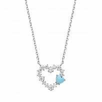 Silver CZ & Turquoise Enamel Heart Pendant Necklace