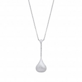 Silver CZ Fancy Satin Finsh Drop Pendant Necklace