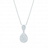 Silver CZ Round & Baguette Teardrop Pendant Necklace