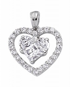 925 Sterling Silver CZ Heart Pendant With A Dangling Centre Heart