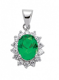 925 Sterling Silver CZ Cluster Pendant With A Oval Emerald Stone Centre