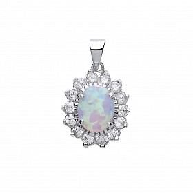 925 Sterling Silver CZ Cluster Pendant With A Oval Opal Stone Centre