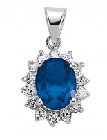 925 Sterling Silver CZ Cluster Pendant With A Oval Sapphire Stone Centre