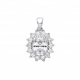 925 Sterling Silver CZ Cluster Pendant With A Oval Stone Centre