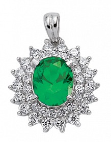 925 Sterling Silver CZ Cluster Pendant With A Oval Emerald Stone Centre