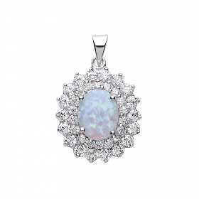 925 Sterling Silver CZ Cluster Pendant With A Oval Opal Stone Centre