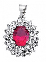 925 Sterling Silver CZ Cluster Pendant With A Oval Ruby Stone Centre