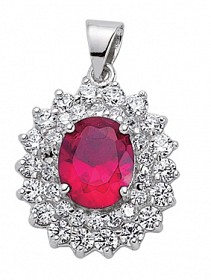925 Sterling Silver CZ Cluster Pendant With A Oval Ruby Stone Centre
