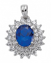 925 Sterling Silver CZ Cluster Pendant With A Oval Sapphire Stone Centre