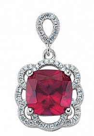925 Sterling Silver CZ Ruby and Micropavé Cushion Cut Drop Pendant
