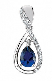 925 Sterling Silver Cubic Zirconia Tear Drop Pendant With Sapphire Centre
