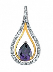 925 Sterling Silver Gold Plated CZ & Amethyst Tear Drop Pendant