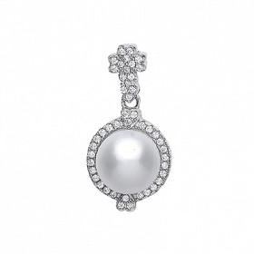 925 Sterling Silver CZ & Pearl Fancy Drop Pendant