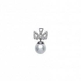 925 Sterling Silver Pearl Fancy Drop Pendant With CZ Bow Detail