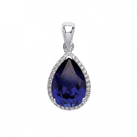 925 Sterling Silver CZ & Sapphire (PS9x13) Fancy Tear Drop Pendant