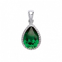 925 Sterling Silver CZ & Emerald (PS9x13) Fancy Tear Drop Pendant
