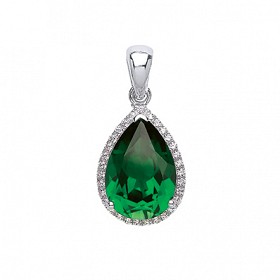 925 Sterling Silver CZ & Emerald (PS9x13) Fancy Tear Drop Pendant