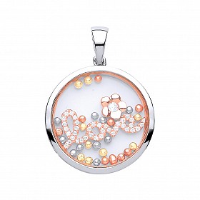 925 Sterling Silver & Rose Gold Sapphire Glass CZ 'LOVE' Pendant