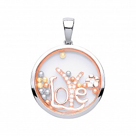 925 Sterling Silver & Rose Gold Sapphire Glass CZ 'LOVE' Pendant