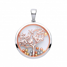 925 Sterling Silver & Rose Gold Sapphire Glass CZ Tree Of Life Pendant