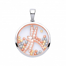 925 Sterling Silver & Rose Gold Sapphire Glass CZ Dragonfly Pendant
