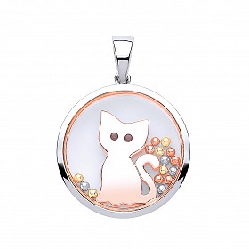 925 Sterling Silver & Rose Gold Sapphire Glass 'Cat' Pendant