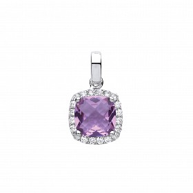 925 Sterling Silver CZ & Amethyst Cushion Cut Fancy Pendant