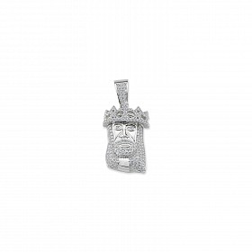 Silver CZ Small Crowned Jesus Head Pendant
