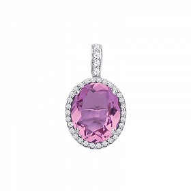 925 Sterling Silver Amethyst CZ Oval Pendant with Colourless CZ's
