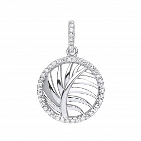 Silver CZ Circle Leaf Pendant