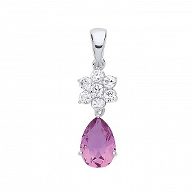 925 Sterling Silver CZ & Amethyst Flower Pear Drop Pendant