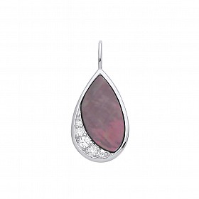 925 Sterling Silver Black Mother Of Pearl & CZ Pear Shaped Pendant