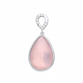 925 Sterling Silver Pink Chalcedony & CZ Tear Drop Pendant