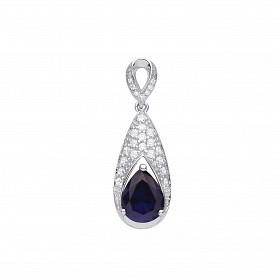 Silver CZ & Sapphire Long Drop Shape Pendant