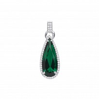 Silver CZ & Emerald Long Drop Shape Pendant