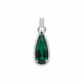Silver CZ & Emerald Long Drop Shape Pendant