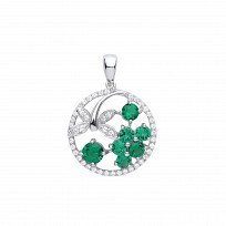 Silver CZ & Emerald Butterfly & Flower Pendant