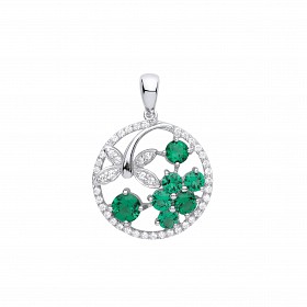 Silver CZ & Emerald Butterfly & Flower Pendant