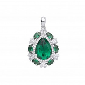 Silver CZ & Emerald Fancy Drop Pendant